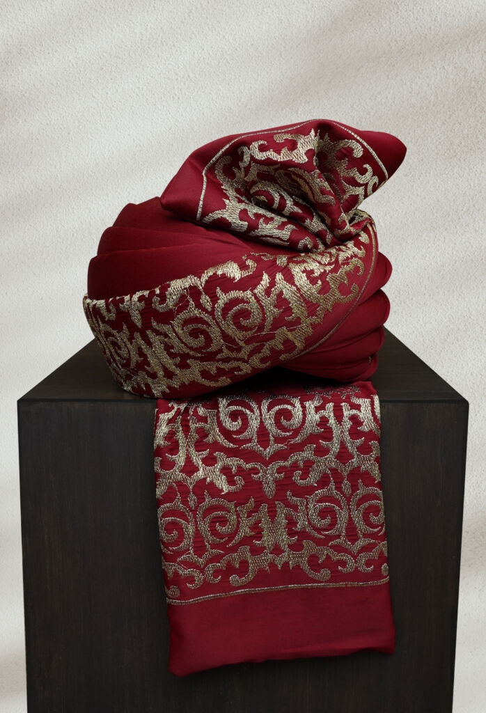 Red and Golden Turban with Embroidery