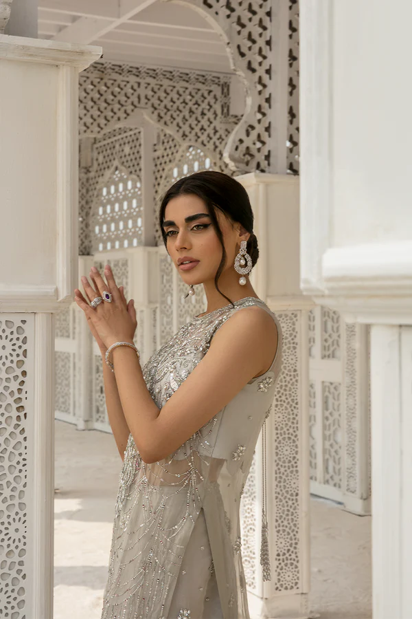 Elegant Silver Embellished Bridal Gown with Farshi Lehnga