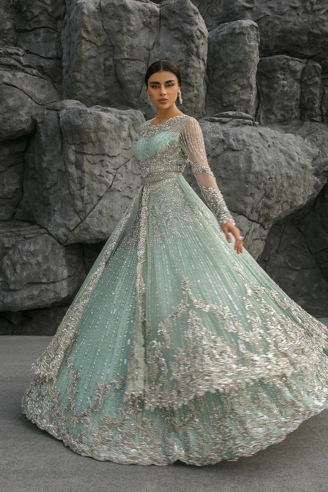 Enchanting Ice Blue Bridal Gown with Lehnga