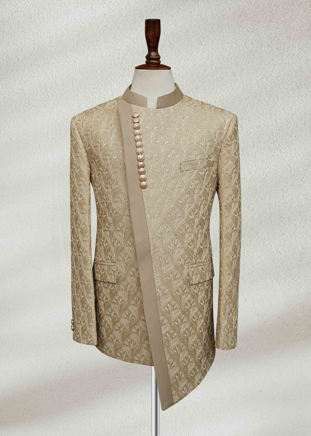 Beige Embroidered Angle Cut Prince Coat