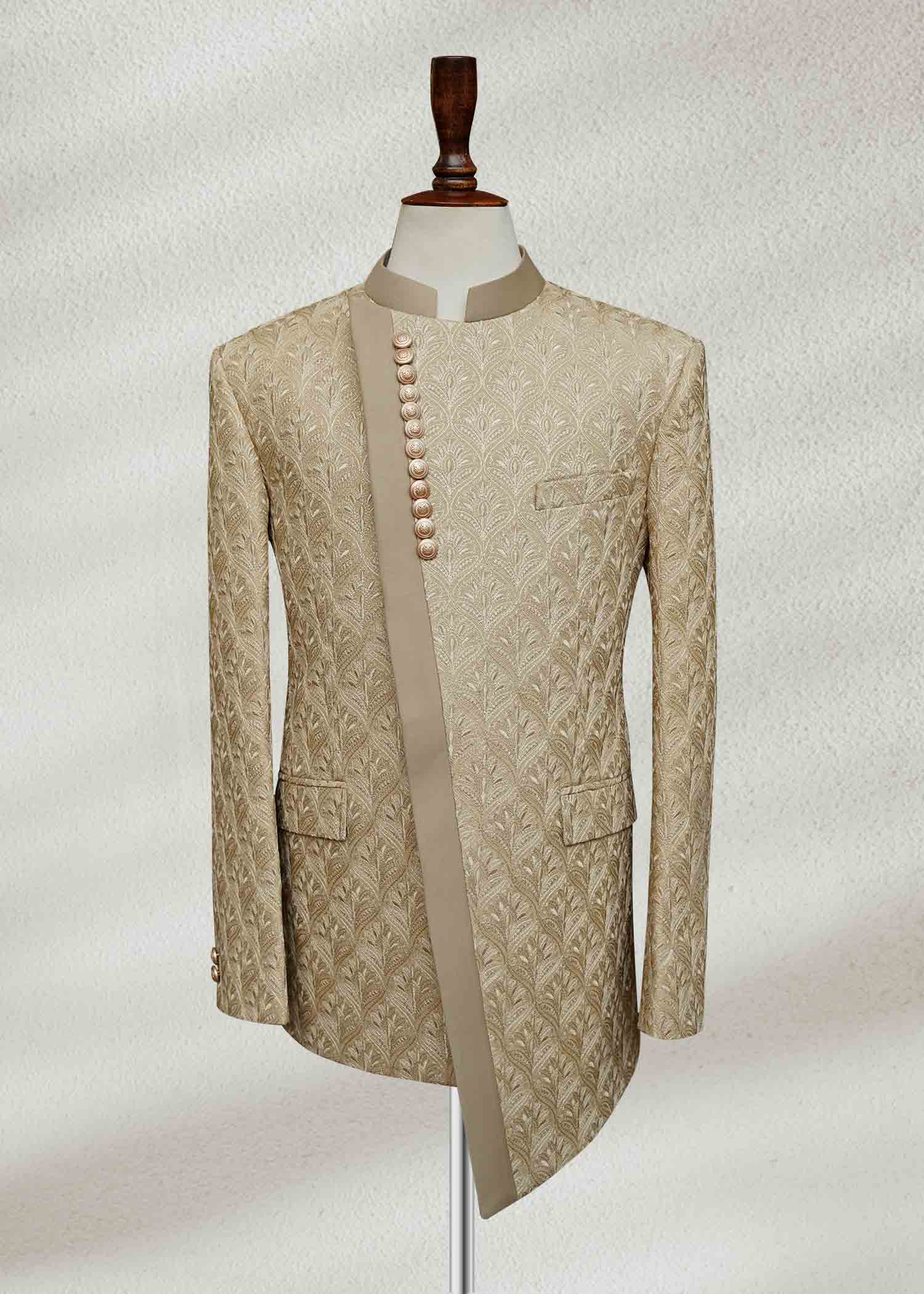 Beige Embroidered Angle Cut Prince Coat