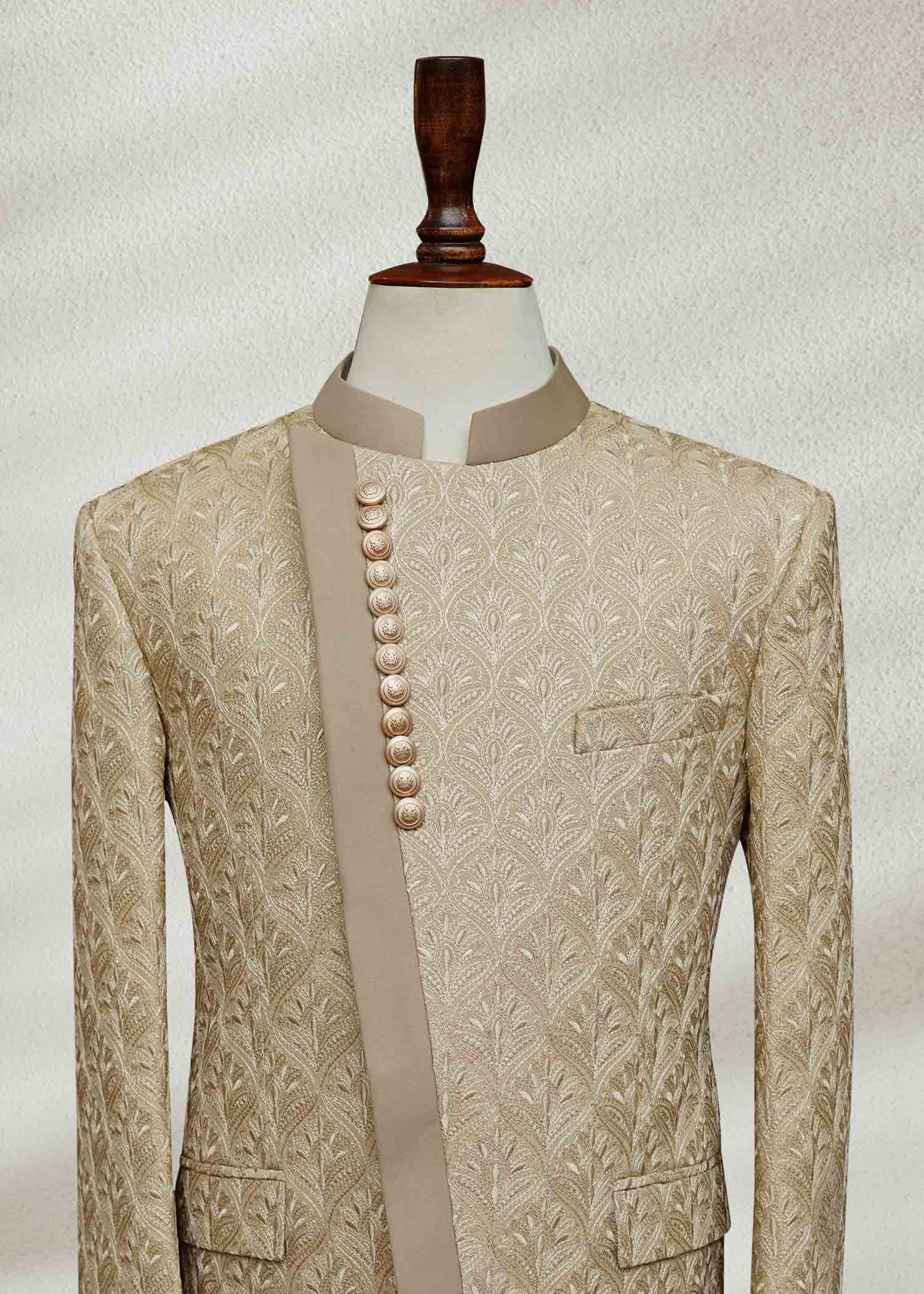 Beige Embroidered Angle Cut Prince Coat