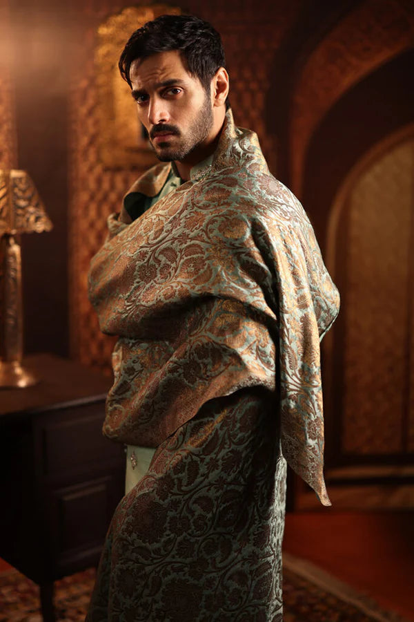 Mint Green Raw Silk All Over Embroidered Sherwani