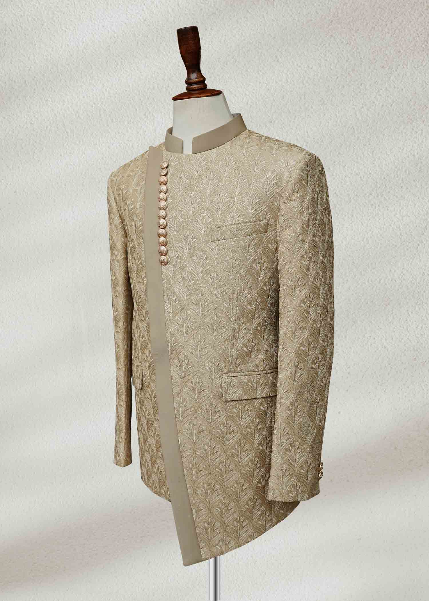 Beige Embroidered Angle Cut Prince Coat