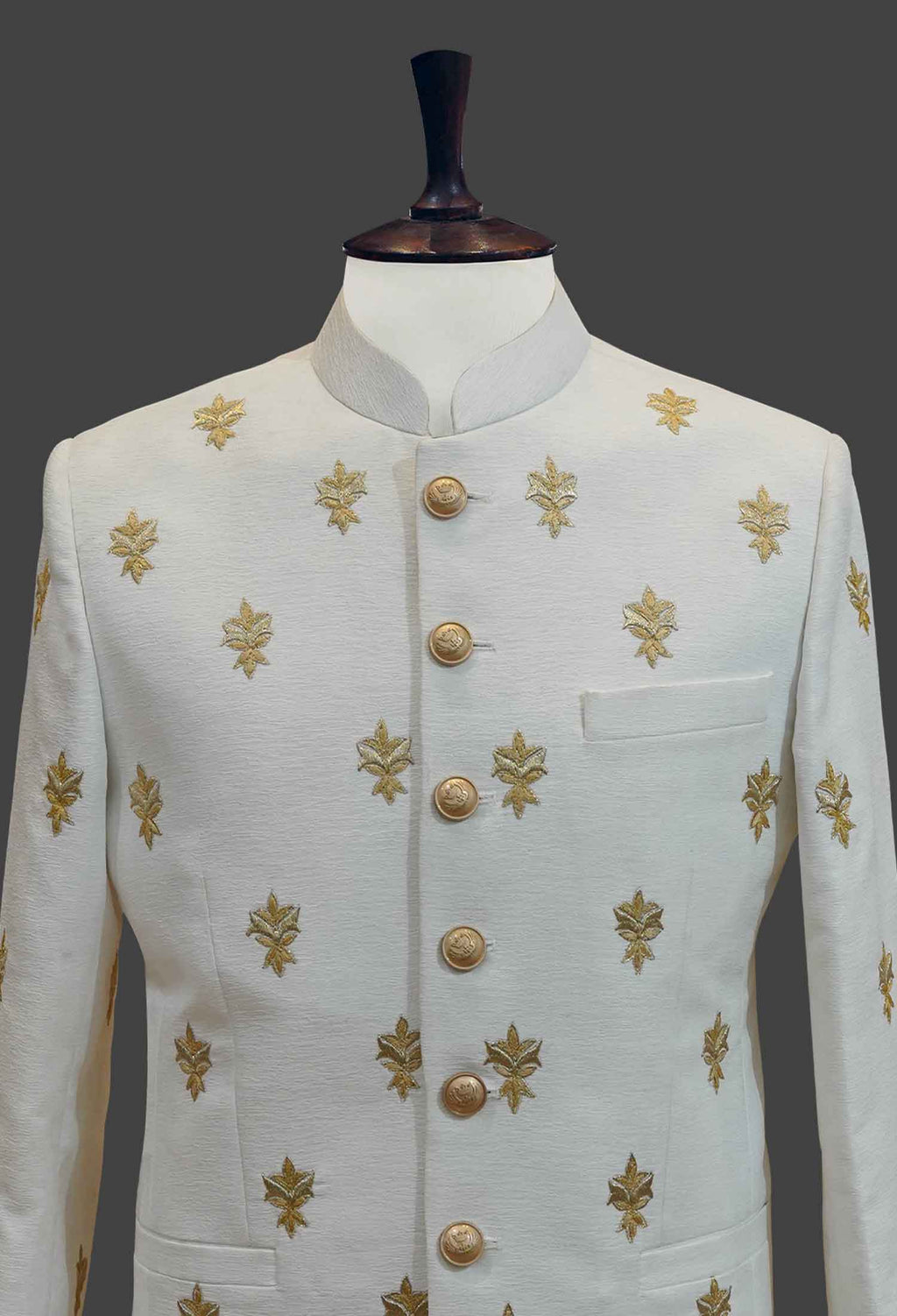 White Prince Coat with Golden Leaf Embroidery