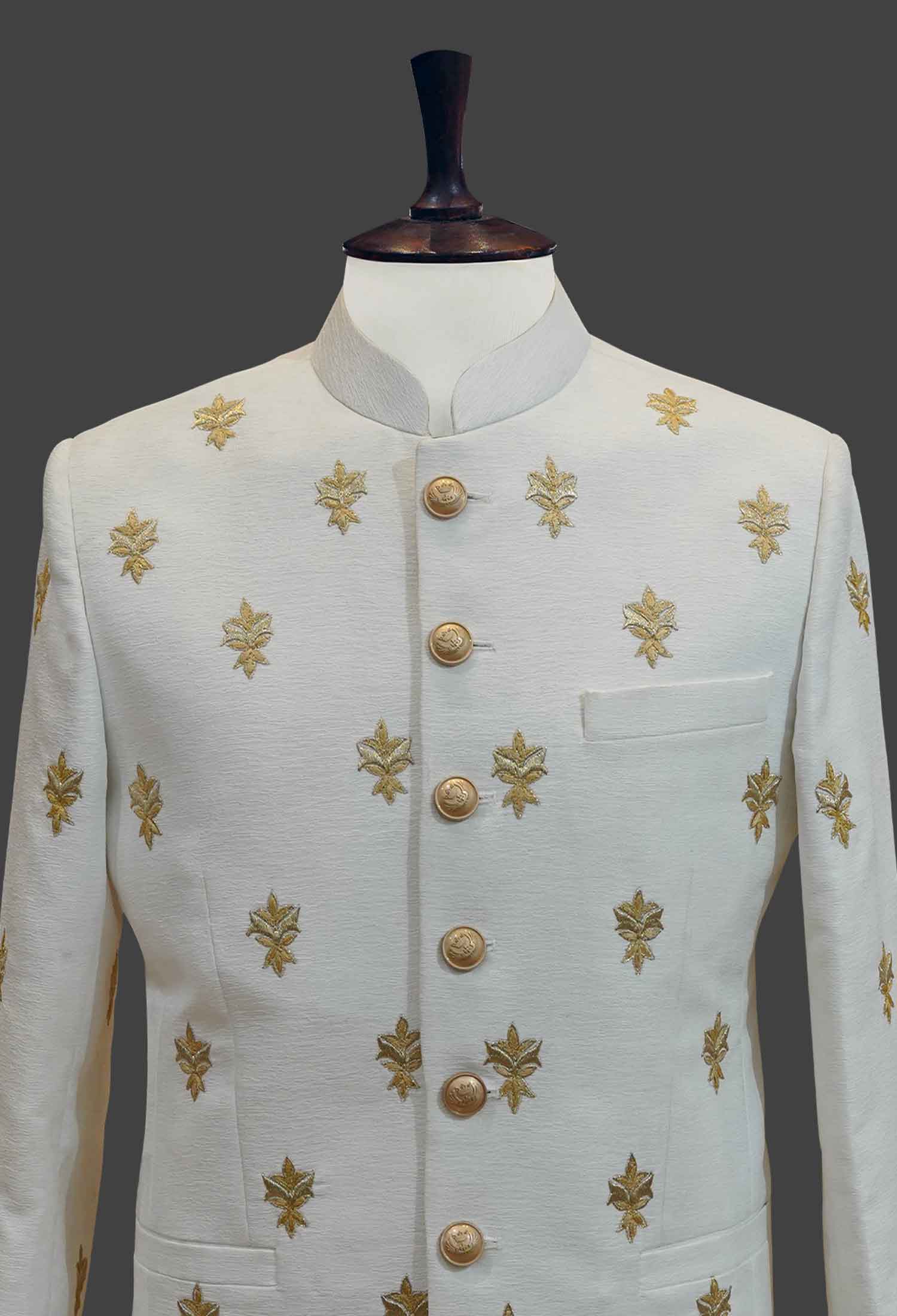 White Prince Coat with Golden Leaf Embroidery
