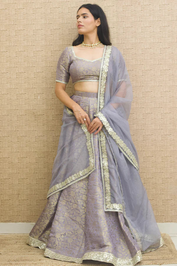 Lavender Grey Brocade Lehenga set