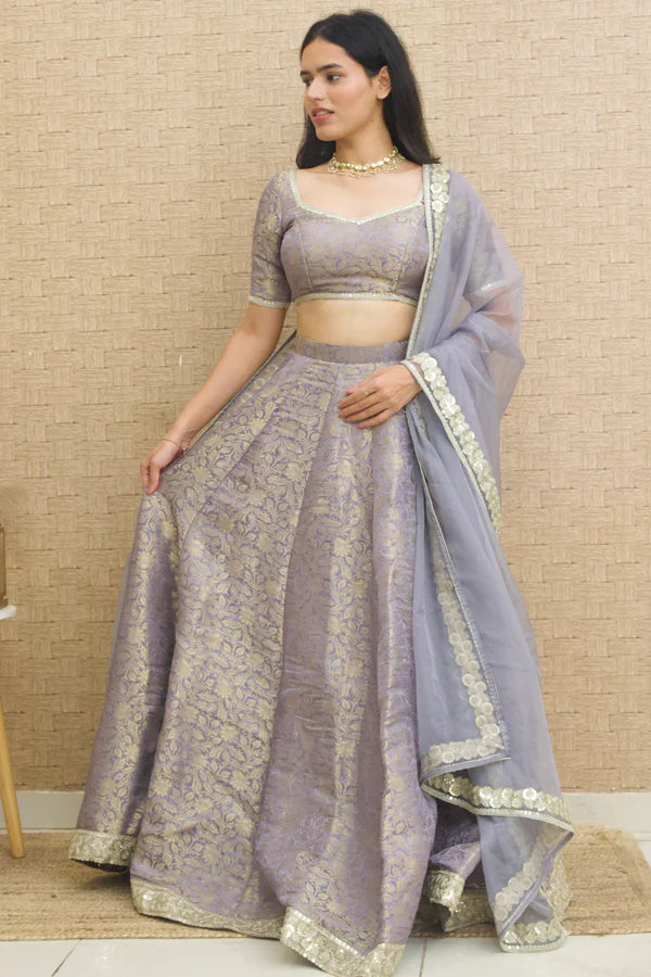 Lavender Grey Brocade Lehenga set
