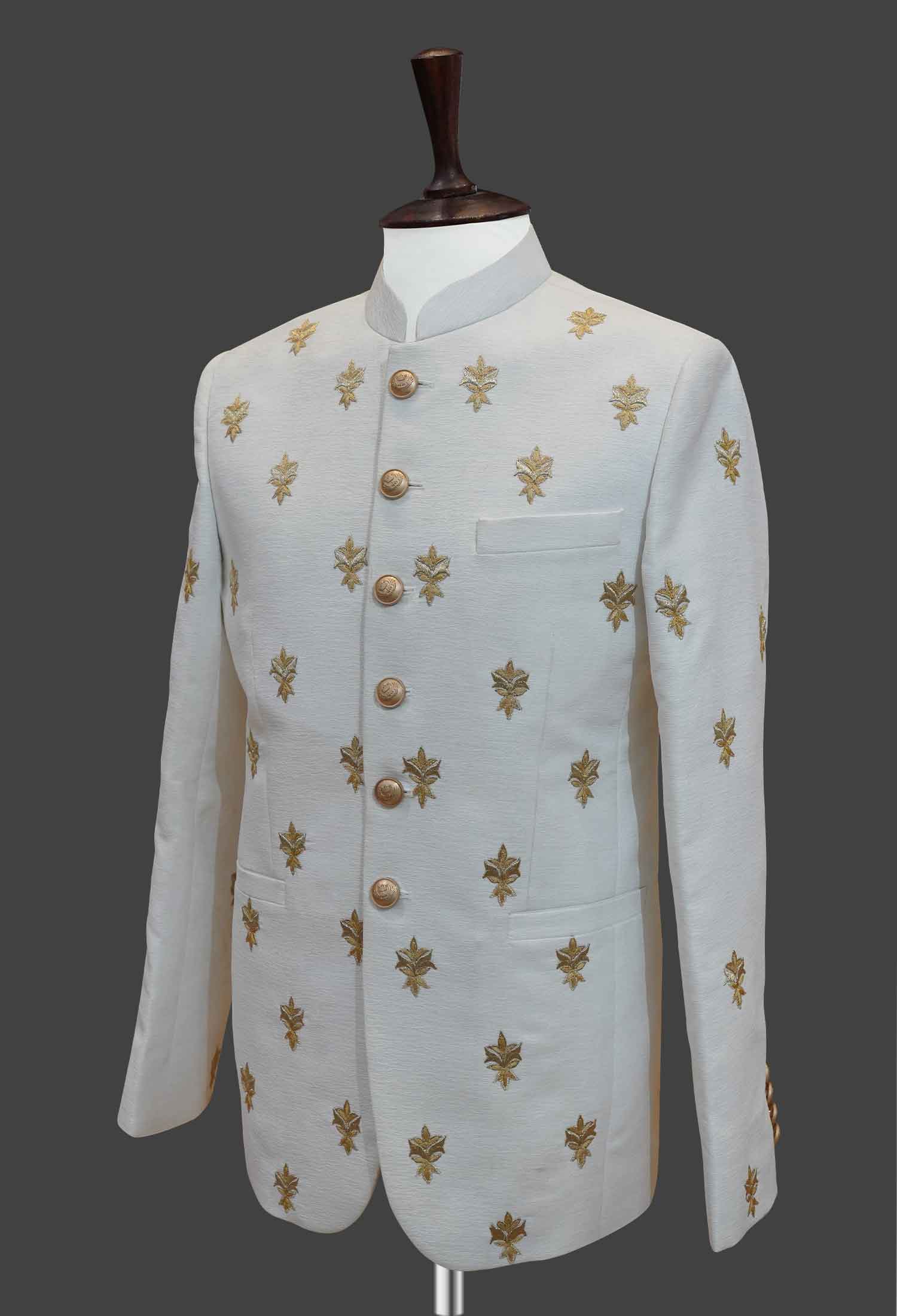 White Prince Coat with Golden Leaf Embroidery