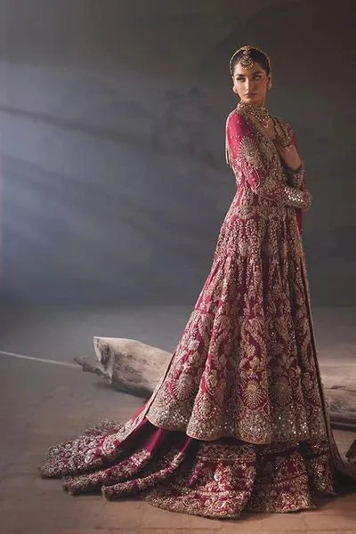 Pakistani Embellished Farshi Raw Silk Lehenga Gown Bridal Dress