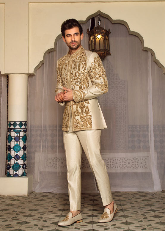 Cream Prince Suit with Golden Embroidery