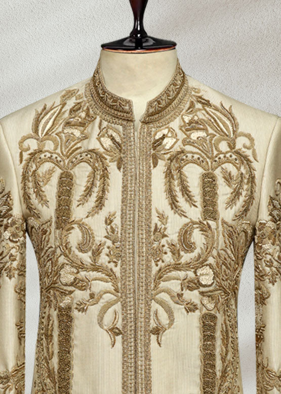 Cream Prince Suit with Golden Embroidery
