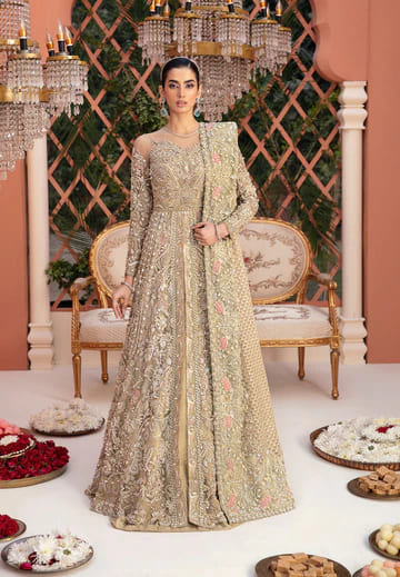 Pakistani Bridal Gold White Gown Lehenga