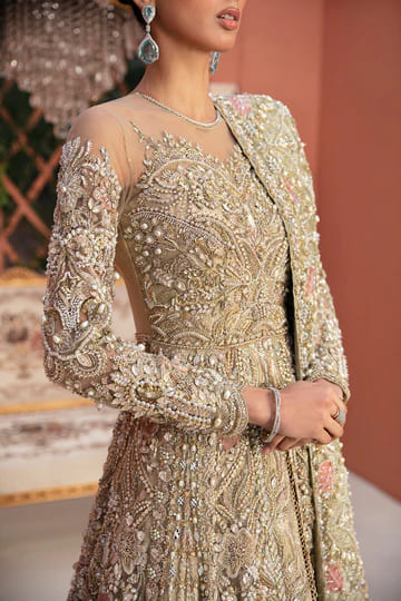 Pakistani Bridal Gold White Gown Lehenga