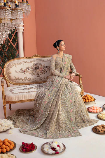 Pakistani Bridal Gold White Gown Lehenga