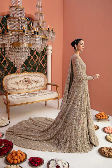 Pakistani Bridal Gold White Gown Lehenga