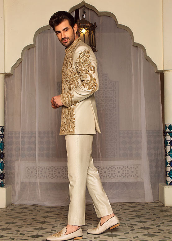 Cream Prince Suit with Golden Embroidery