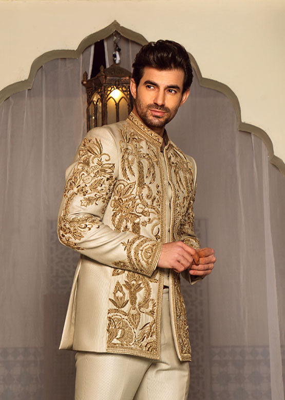 Cream Prince Suit with Golden Embroidery
