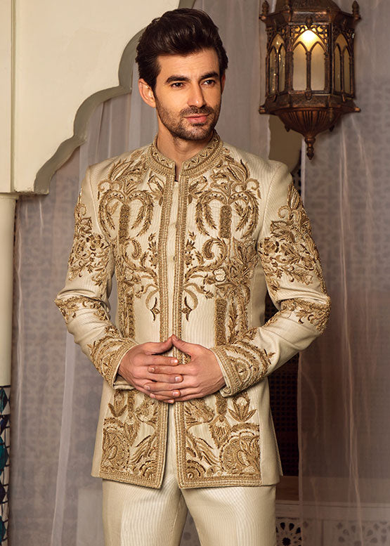 Cream Prince Suit with Golden Embroidery