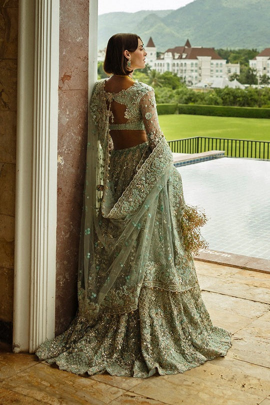 Aqua Green Embroidered Net Lehenga Choli
