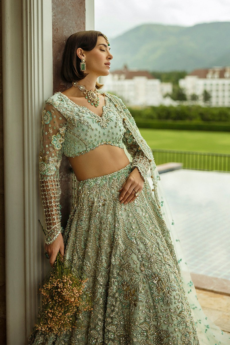 Aqua Green Embroidered Net Lehenga Choli