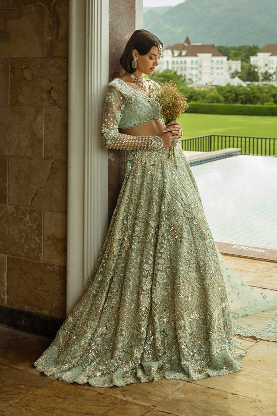 Aqua Green Embroidered Net Lehenga Choli