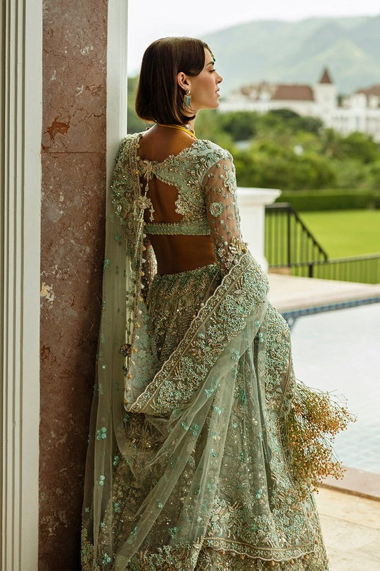 Aqua Green Embroidered Net Lehenga Choli