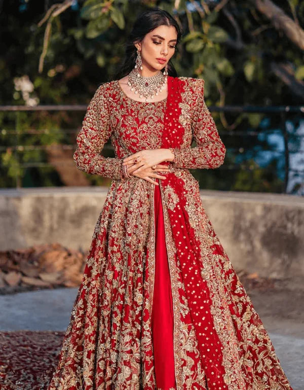 Blood Red Heavily Embellished Lehenga Gown Bridal Outfit