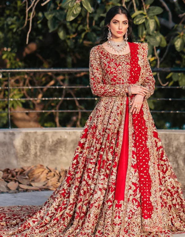 Blood Red Heavily Embellished Lehenga Gown Bridal Outfit