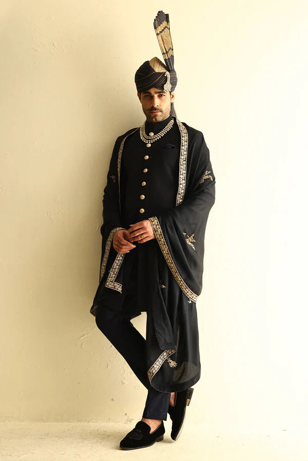 Classic Black Sherwani with Gold Buttons for Groom