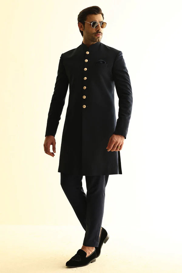 Classic Black Sherwani with Gold Buttons for Groom