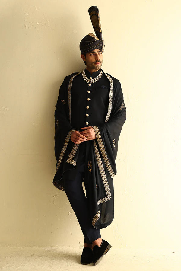 Classic Black Sherwani with Gold Buttons for Groom
