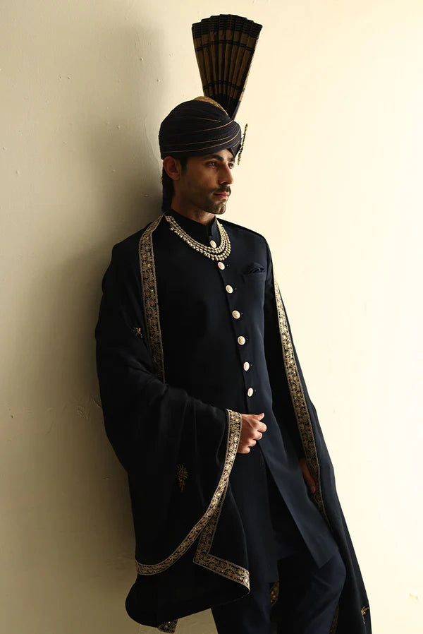 Classic Black Sherwani with Gold Buttons for Groom