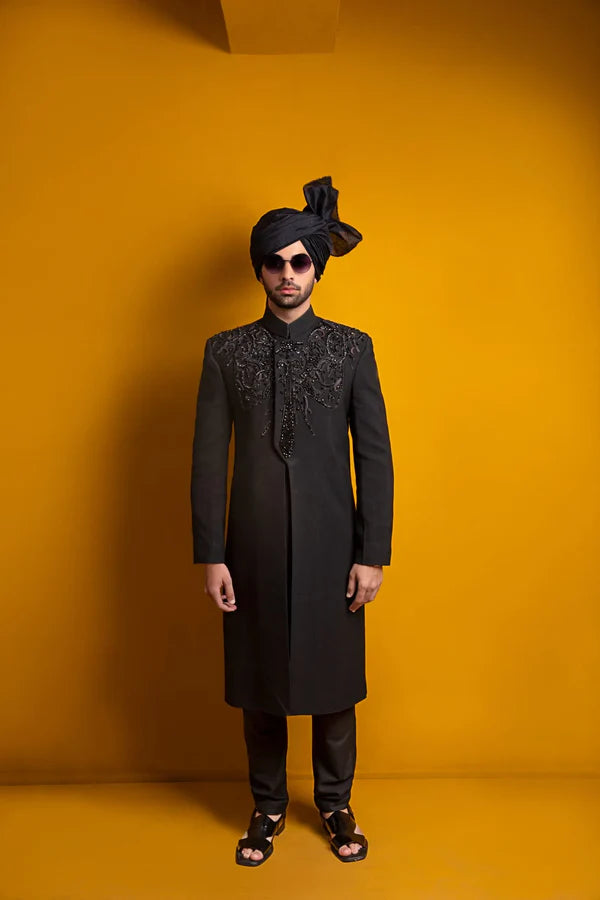 Classic Black Sherwani with Hand Embroidery