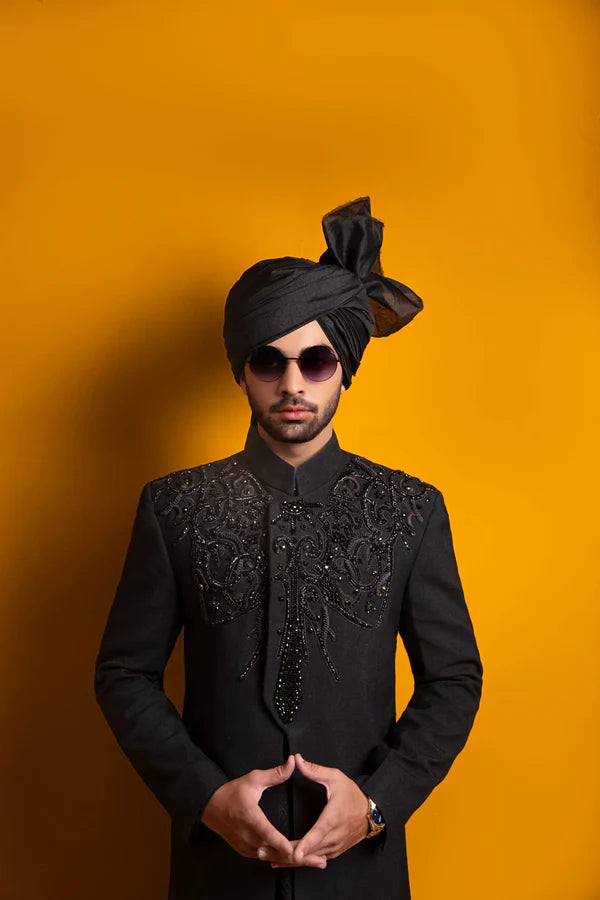 Classic Black Sherwani with Hand Embroidery