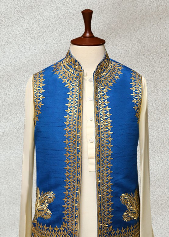 Firozi Waistcoat With Gold Embroidery