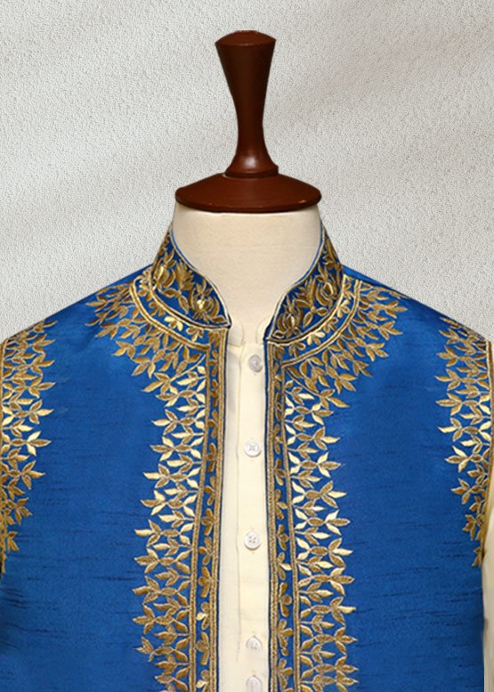 Firozi Waistcoat With Gold Embroidery