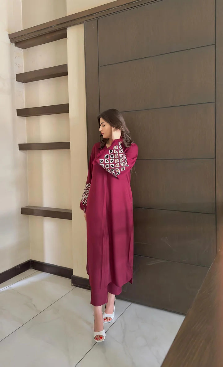 Burgundy Maroon Embroidered Tunic