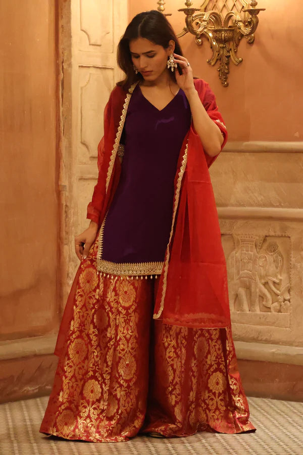 Purple and Maroon Brocade Sharara Set