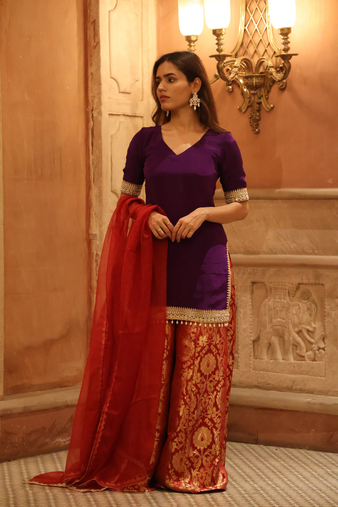 Purple and Maroon Brocade Sharara Set