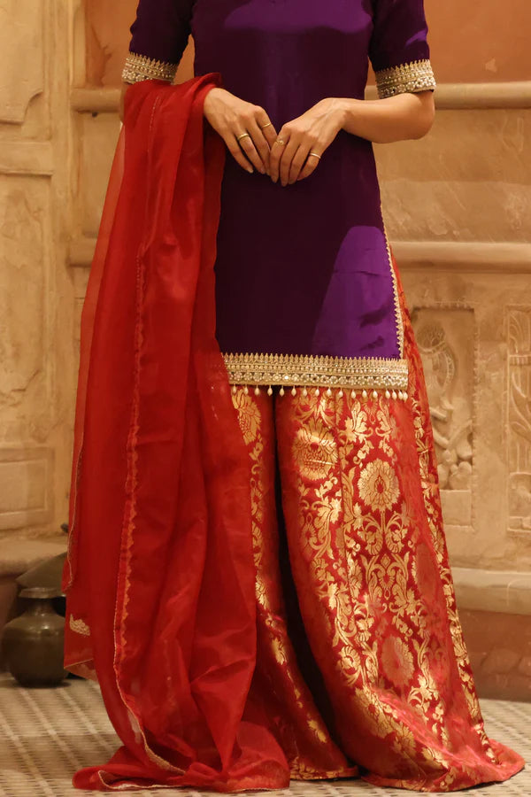 Purple and Maroon Brocade Sharara Set