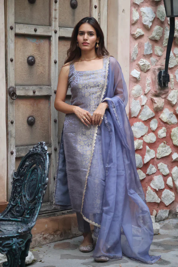 Lavender Grey Brocade Kurta Set