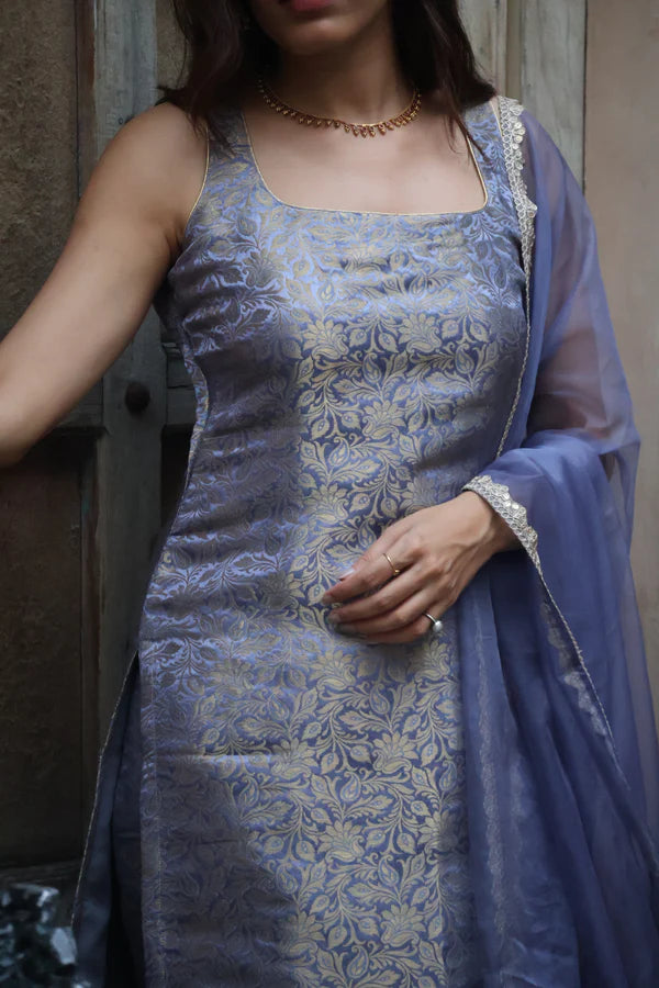 Lavender Grey Brocade Kurta Set