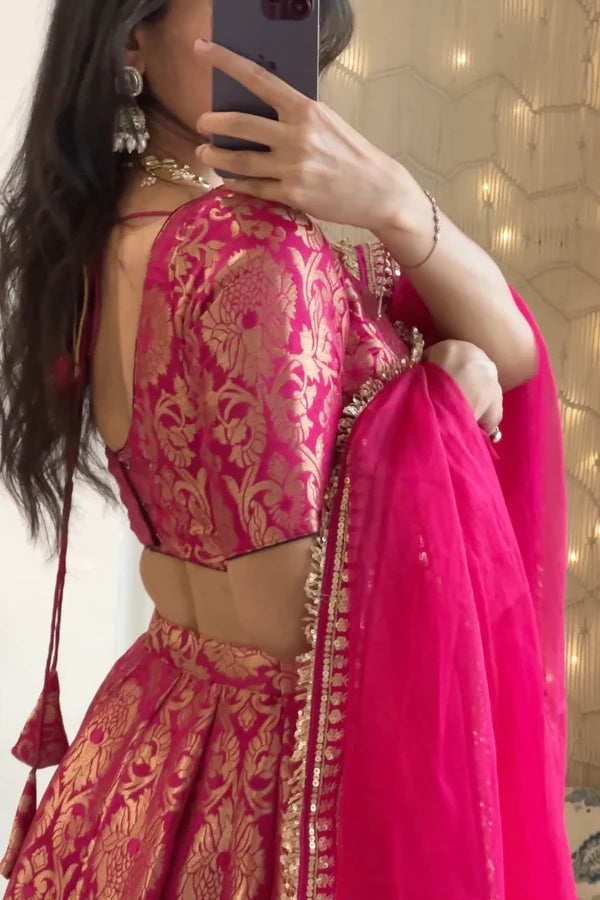 Pink Brocade Lehenga Set