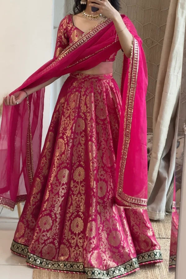 Pink Brocade Lehenga Set