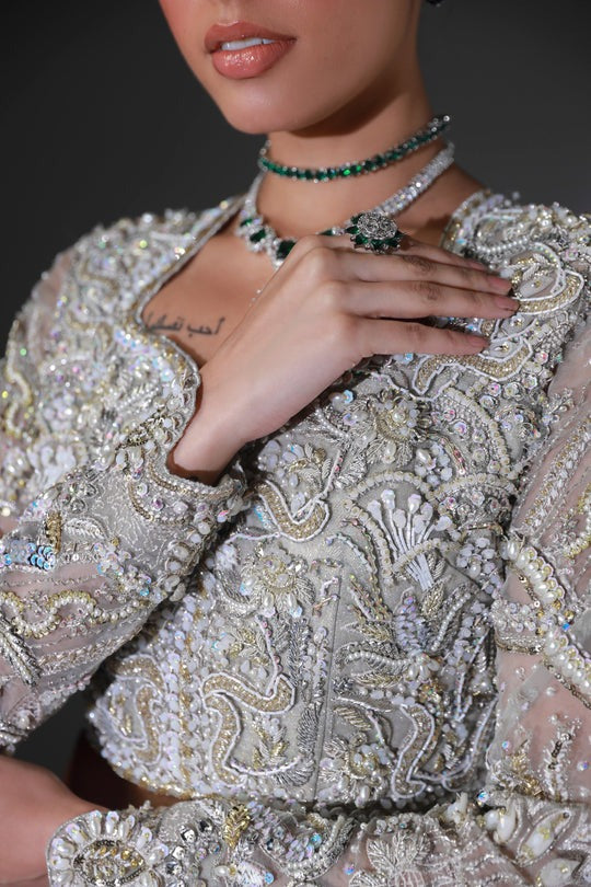Luxurious Pakistani Bridal Wear Grey Lehenga Choli