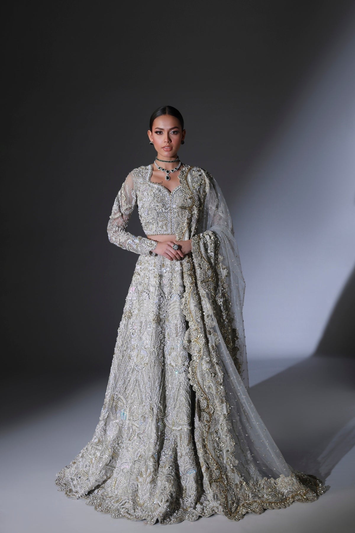 Luxurious Pakistani Bridal Wear Grey Lehenga Choli