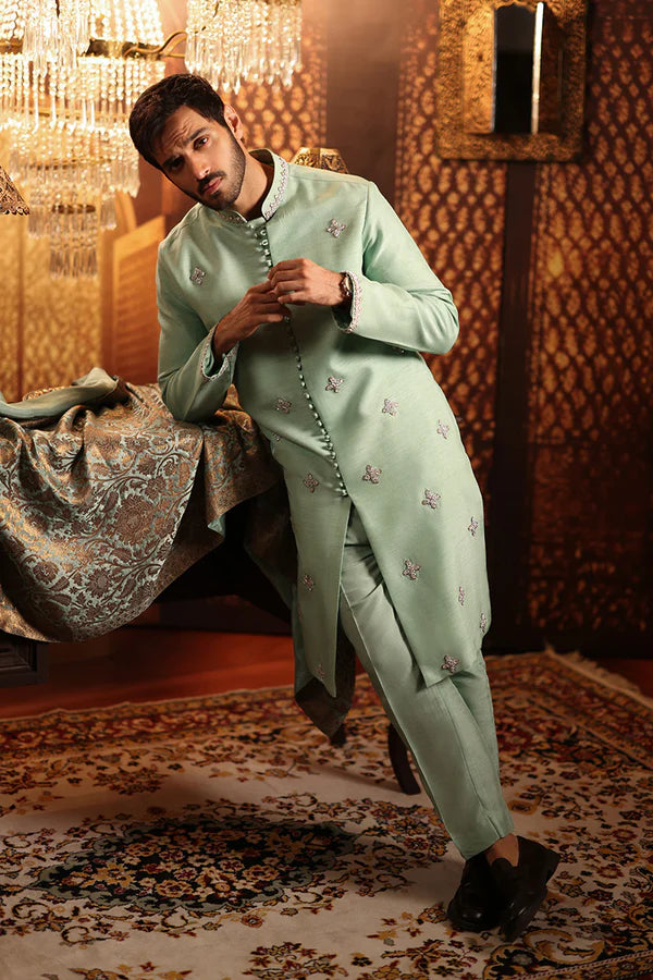 Mint Green Raw Silk All Over Embroidered Sherwani