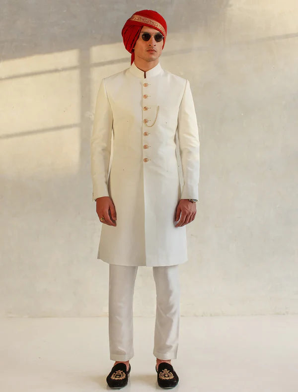 Off White Raw Silk Short Length Sherwani with Gold Buttons