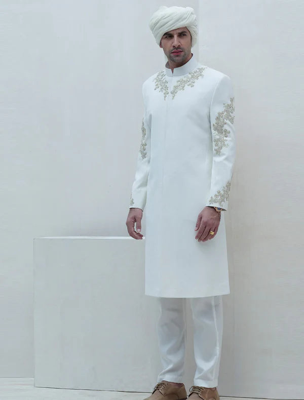 Off White Sherwani with Embroidery on Front and Sleeves